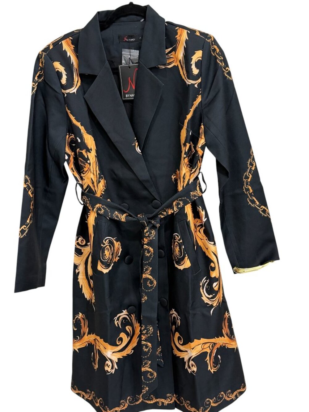 N by Nancy Black Double Breasted Chain Print Belted Coat Jacket NWT